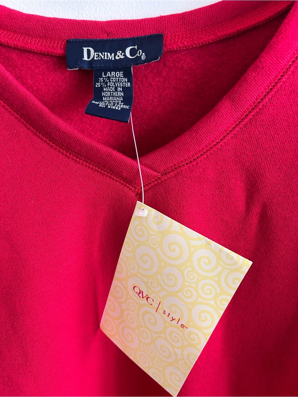 Denim & Co. V-Neck Tunic Fleece Sweatshirt Long Sleeve Red Cotton Blend Size L